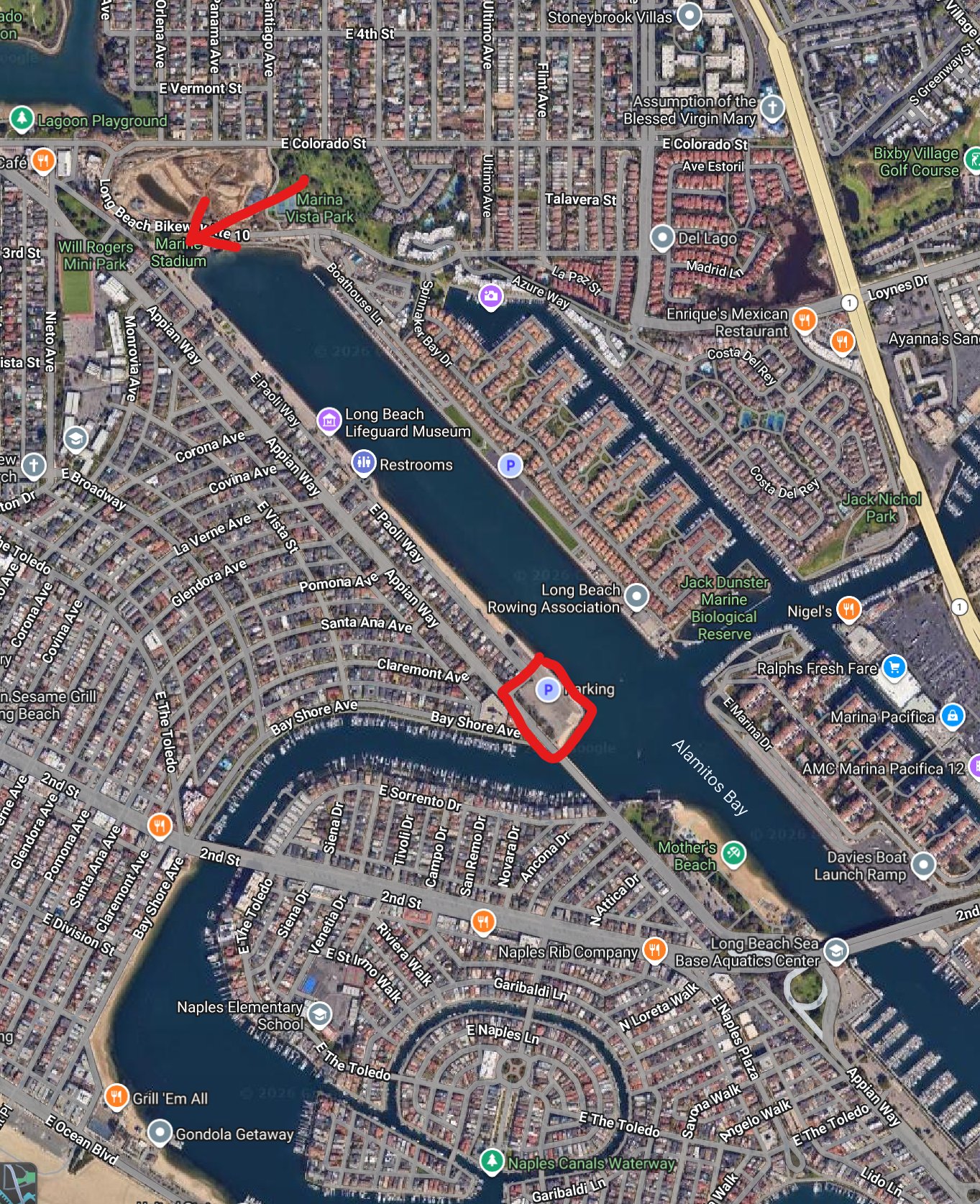 Marked map showing entrance and launch area at Marine Stadium